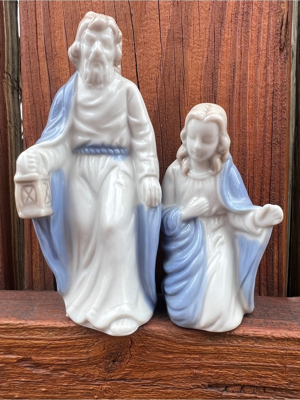 Vintage porcelain figures of Joseph and Mary from a mid-century nativity set